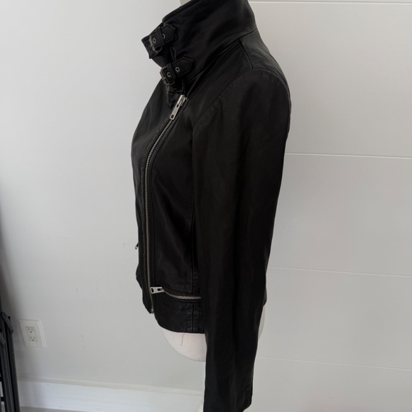 All Saints Black Leather Cropped Bomber High Neck Jacket US 6 - Picture 2 of 11